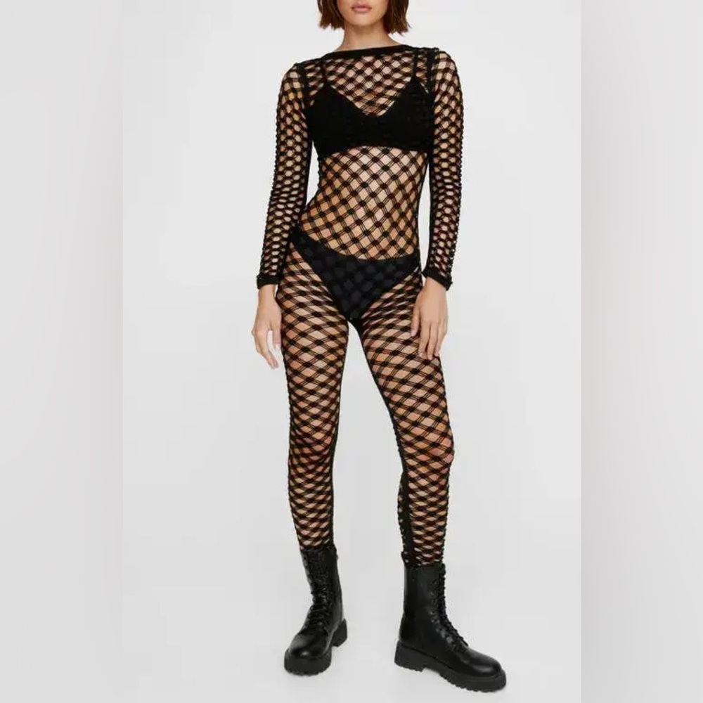 NASTY GAL  Seamless Long Sleeve Net Jumpsuit In Black Small/Medium New NWT